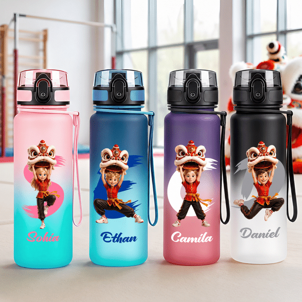 Personalized Chinese Lion Dance Cartoon Character 17 oz 22 oz 34 oz Water Bottle with Name and Initial Back to School Gift for Kids Teenagers