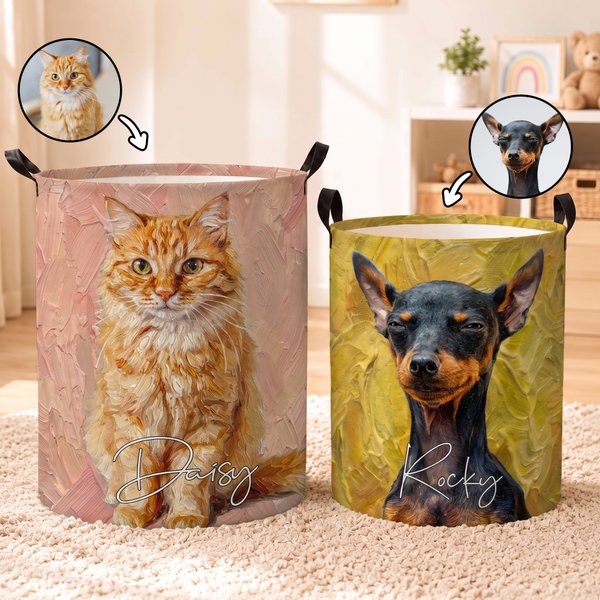 Personalised Oil Painting Style Pet Photo Large Capacity Laundry Basket with Name and Handle Nursery Decor Birthday Gift for Pet Owner Lover
