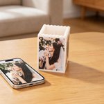 DIY Building Blocks Pencil Holder, Custom Photo & Text Desktop Organiser, Easy Assembly Brick Decor, Father's Day Birthday Gift for Family Couple