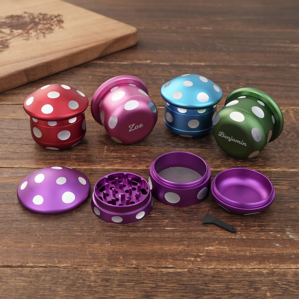Personalised Mushroom Metal Herb Grinder with Name Mesh Sieve and Mini Scraper Daily Use Birthday Gift for Men Women 3