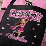 Personalized Multicolor Cartoon Cheerleader Oxford Tote Bag with Name and Mesh Pockets Sports Game Day Team Gift for Cheerleader Teammate