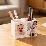 DIY Building Blocks Pencil Holder, Custom Photo & Text Desktop Organiser, Easy Assembly Brick Decor, Father's Day Birthday Gift for Family Couple