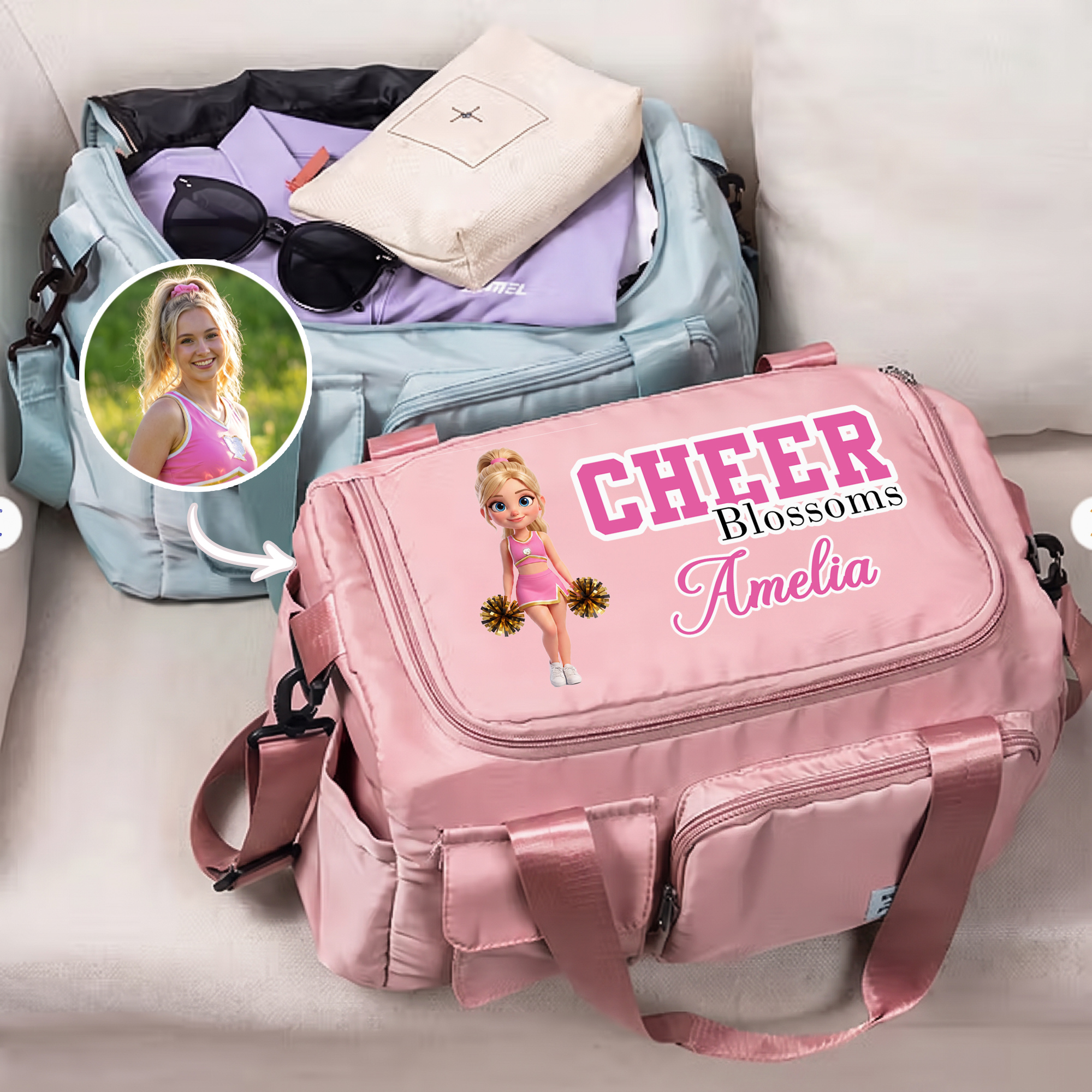 Personalisierte, mehrfarbige Cheerleader-Reisetasche im großen Format mit Foto, Namen und Schulterriemen – das perfekte Geschenk zum Spieltag oder Geburtstag für Cheerleader