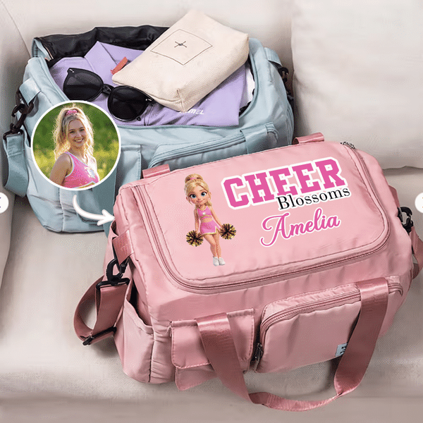 Personalised Multicolour Cheerleader Girl Photo Large Travel Duffle Bag with Name and Shoulder Strap Game Day Birthday Gift for Cheerleader