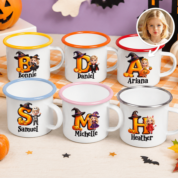 Personalized Halloween Cartoon Character Photo 12 oz Enamel Mug with Name and Initial Halloween Party Gift for Kids
