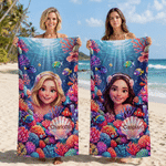 Personalized Underwater World Cartoon Photo Character Soft Oversized Quick-Dry Beach Towel with Name Birthday Gift for Kids
