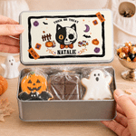 Personalised Halloween Theme Cat Pumpkin Candy Treat Metal Tin Box with Name and Text Halloween Gift for Kid Halloween Lover
