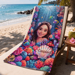 Personalized Underwater World Cartoon Photo Character Soft Oversized Quick-Dry Beach Towel with Name Birthday Gift for Kids