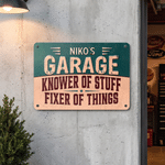 Personalised Garage Knower of Stuff Fixer of Things Vintage Metal Sign with Name Garage Wall Decor Workshop Housewarming Gift for Car Enthusiasts