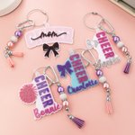 Personalized Glitter Bow Ribbon Cheering Horns Charm Keychain with Name and Tassel Sports Team Birthday Gift for Cheerleader