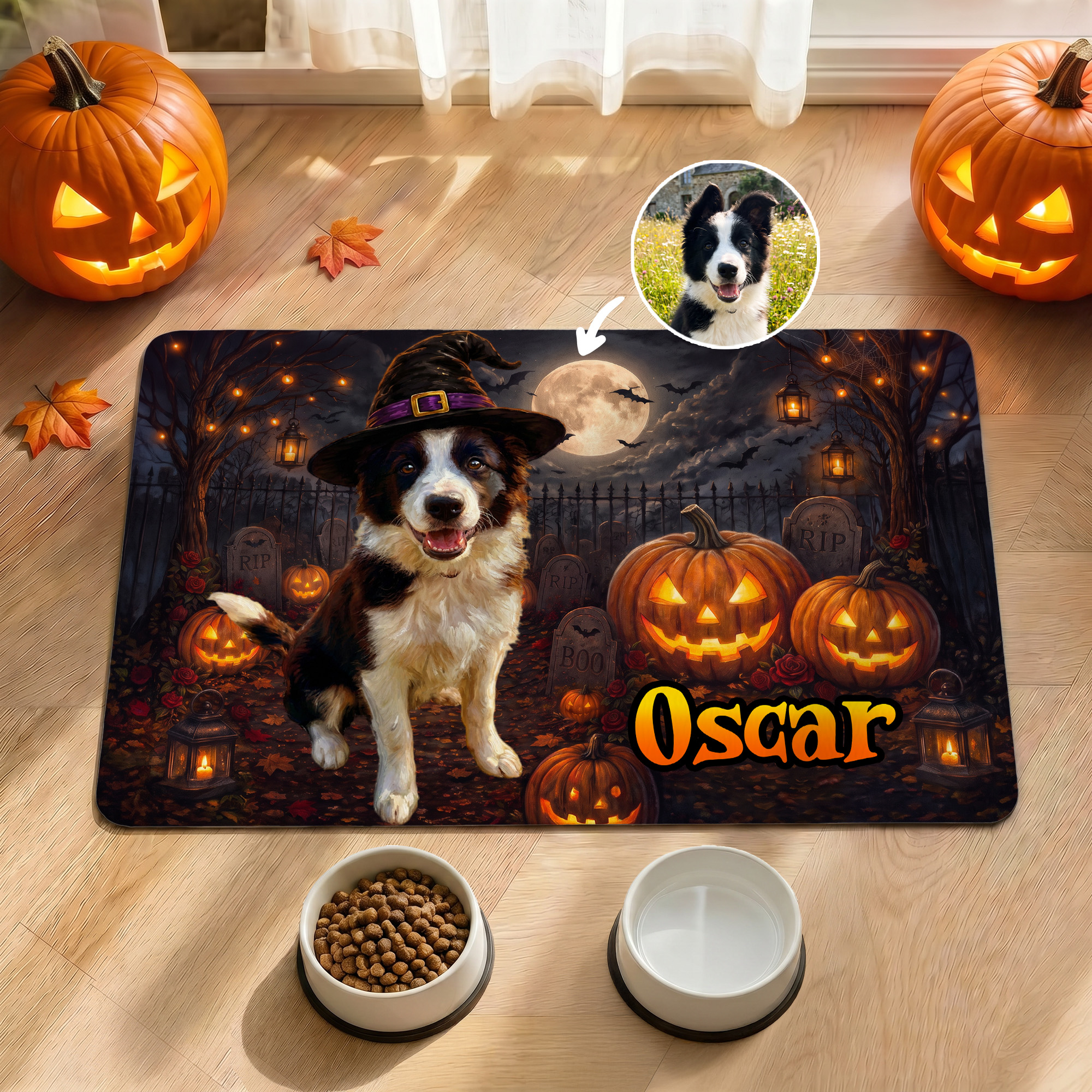 Individuell gestaltete, wasserfeste Futtermatte für Haustiere mit Halloween-Motiv und Foto sowie Namen – Tierbedarf, Einweihungsgeschenk und Halloween-Geschenk für Tierhalter