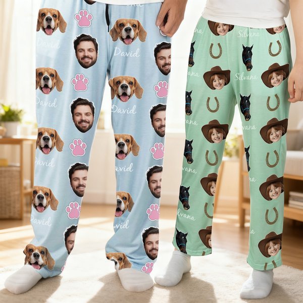 Personalised Horseshoe Paw Print Carrot Funny Face Photo Soft Pyjama Bottoms with Name Daily Wear Birthday Gift for Family Pet Owners