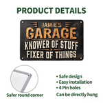 Personalised Garage Knower of Stuff Fixer of Things Vintage Metal Sign with Name Garage Wall Decor Workshop Housewarming Gift for Car Enthusiasts