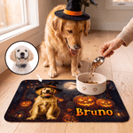 Personalized Halloween Theme Pet Photo Waterproof Pet Feeding Mat with Name Pet Supplies Housewarming Halloween Gift for Pet Owners