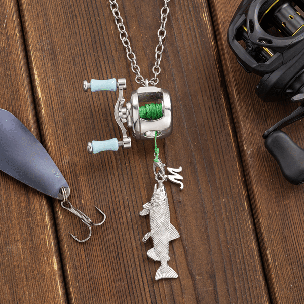 Personalised Mini Rotatable Fishing Reel Pendant Ring Necklace with Detachable Letter and Fish Charm Birthday Gift for Husband Dad Fishing Lover