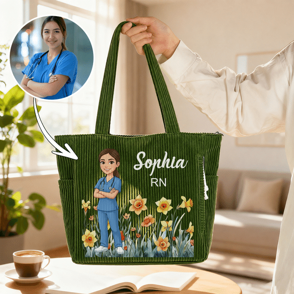 Personalized Birth Flower Medical Staff Photo Large Capacity Corduroy Tote Bag with Name and Text Travel Essential Birthday Gift for Nurse Doctor