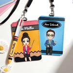 Personalisierte Wachsmalstift Cartoon Lehrer ID-Karte Ausweishülle aus PU Leder mit Namen Umhängeband Kugelschreiber Schulanfang Geschenk für Lehrer