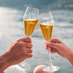 Personalized Engraved Monogram Design Gold Rim Champagne Tulip Glasses Set of 2 Engagement Wedding Anniversary Gift for Newlywed Couple
