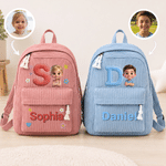 Personalised Cute Cartoon Photo Initial Multicolour Corduroy Backpack with Name Back to School Birthday Gift for Kids Boys Girls