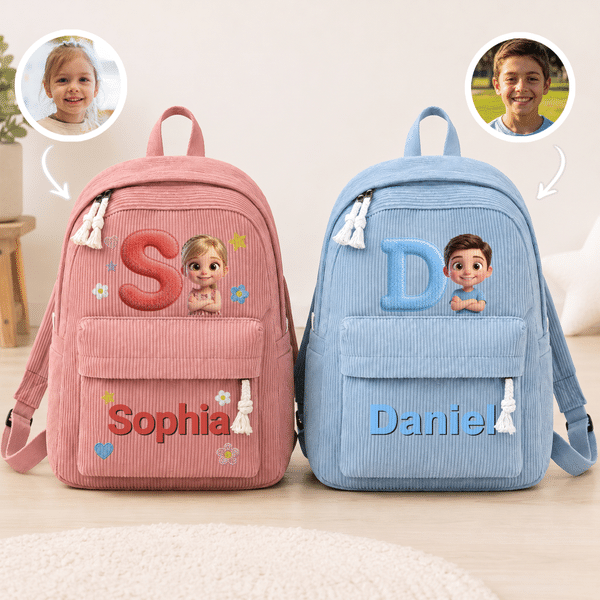 Personalised Cute Cartoon Photo Initial Multicolour Corduroy Backpack with Name Back to School Birthday Gift for Kids Toddlers