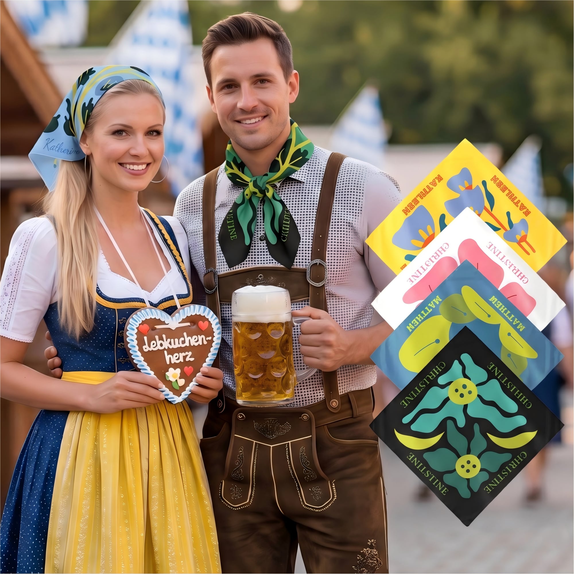 Personalisiertes Bandana mit Namen | Abstraktes Blumenmuster | Kopftuch | Halstuch | Partnerlook | Oktoberfest Jahrestag Geschenk für Frauen & Männer
