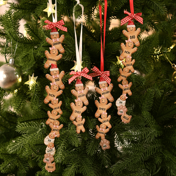 Personalised Cute Gingerbread Man Red Plaid Bow Basswood Christmas Ornament with 1-14 Name and Year Christmas Gift for Family