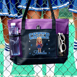 Personalized Multicolor Cartoon Cheerleader Oxford Tote Bag with Name and Mesh Pockets Sports Game Day Team Gift for Cheerleader Teammate