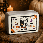 Personalised Halloween Theme Cat Pumpkin Candy Treat Metal Tin Box with Name and Text Halloween Gift for Kid Halloween Lover
