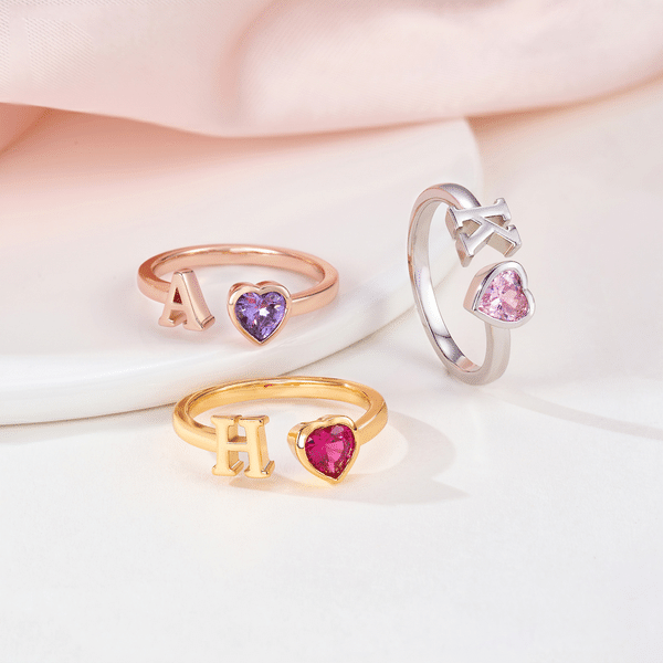Personalized Heart Birthstone Adjustable Open Ring with Initial Dainty Jewelry Birthday Anniversary Gift for Women Girls