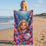 Personalized Underwater World Cartoon Photo Character Soft Oversized Quick-Dry Beach Towel with Name Birthday Gift for Kids