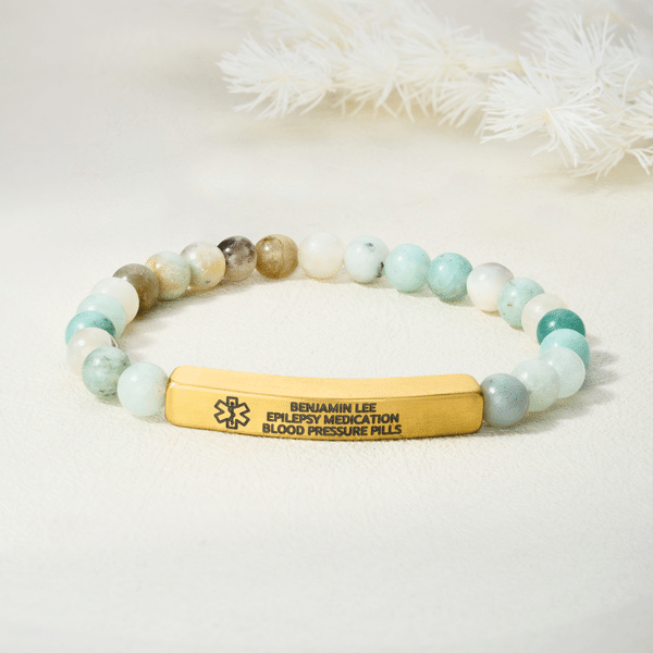 Personalised Beaded Stretch Medical Alert ID Bracelet with Engraved Text Emergency Gift for Diabetes Allergy Epilepsy