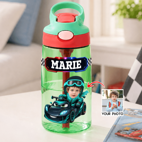 Personalized Fantasy Racing Car Photo 16 oz Water Bottle with Name Outdoor Supplies Back to School Birthday Gift for Kids Students