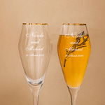 Personalized Engraved Monogram Design Gold Rim Champagne Tulip Glasses Set of 2 Engagement Wedding Anniversary Gift for Newlywed Couple