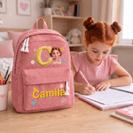 Personalised Cute Cartoon Photo Initial Multicolour Corduroy Backpack with Name Back to School Birthday Gift for Kids Boys Girls