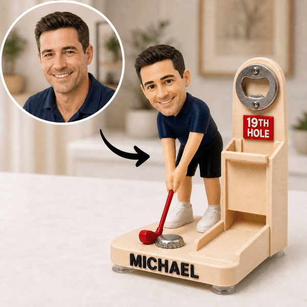 Décapsuleur personnalisé en forme de figurine de golfeur en plein swing, avec photo et texte, décoration de bureau sur le thème du golf, cadeau de Noël pour papa, mari ou passionnés de golf