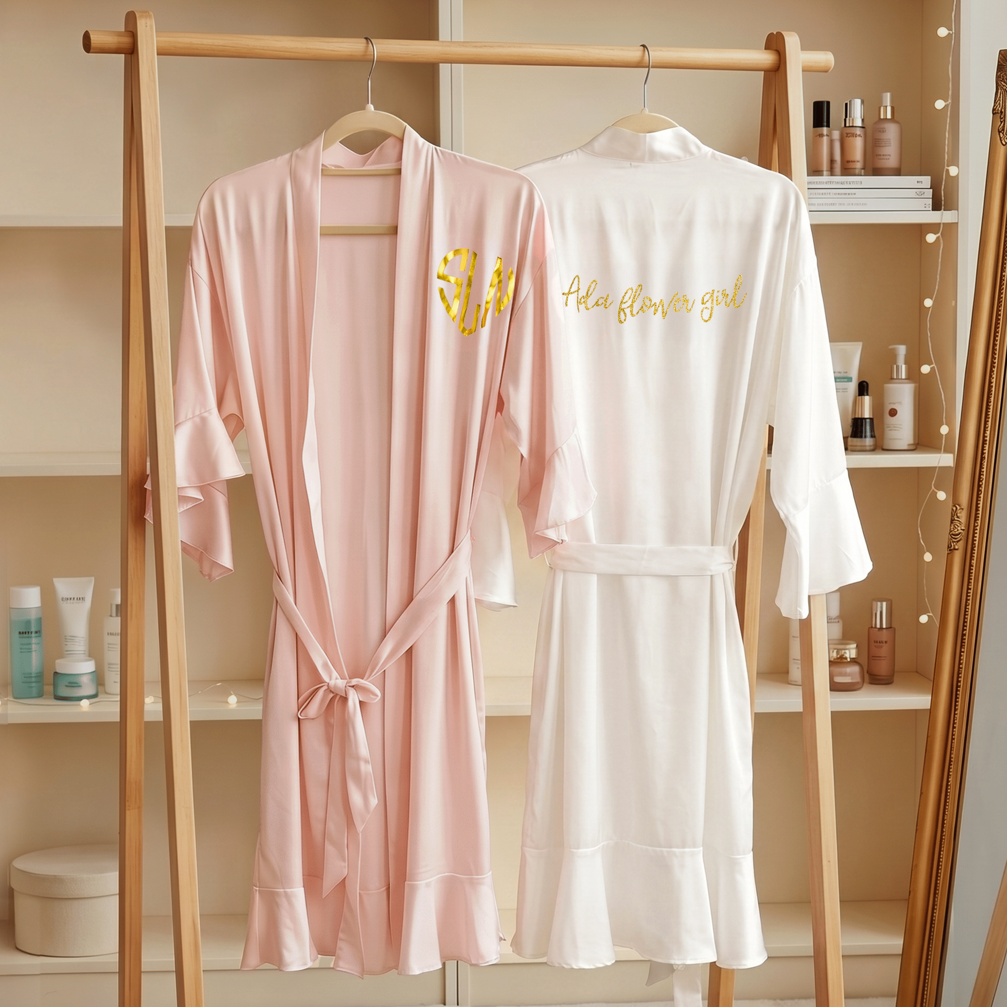 Personalised Glitter Text Ruffled V-Neck Satin Finish Robe Wedding Party Bridal Shower Gift for Bridesmaid Flower Girl