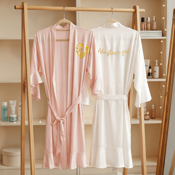 Personalised Glitter Text Ruffled V-Neck Satin Finish Robe Wedding Party Bridal Shower Gift for Bridesmaid Flower Girl