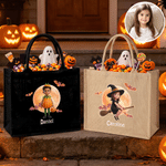 Personalised Cute Halloween Character Design Photo Large Capacity Jute Tote Bag with Name Halloween Party Gift for Family Kids