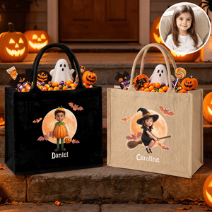 Personalisierte, niedliche Jute-Tragetasche mit großem Fassungsvermögen und Halloween-Motiv – mit Namen bedruckt – als Geschenk für die Halloween-Party für die Familie und Kinder