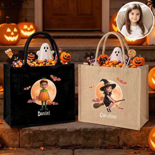 Personalised Cute Halloween Character Design Photo Large Capacity Jute Tote Bag with Name Halloween Party Gift for Family Kids