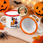 Personalized Halloween Cartoon Character Photo 12 oz Enamel Mug with Name and Initial Halloween Party Gift for Kids