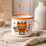 Personalised Halloween Spooky Cat Pumpkin Moon 11 oz Enamel Mug with Name Holiday Decor Halloween Party Gift for Boys Girls