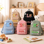 Personalised Cute Cartoon Photo Initial Multicolour Corduroy Backpack with Name Back to School Birthday Gift for Kids Boys Girls