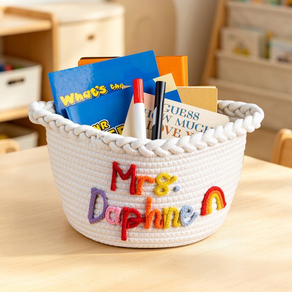 Panier de rangement en coton tissé personnalisé, motif « Rainbow Flower », avec inscription « Journée des enseignants » – Cadeau de remerciement pour la rentrée scolaire destiné aux enseignants