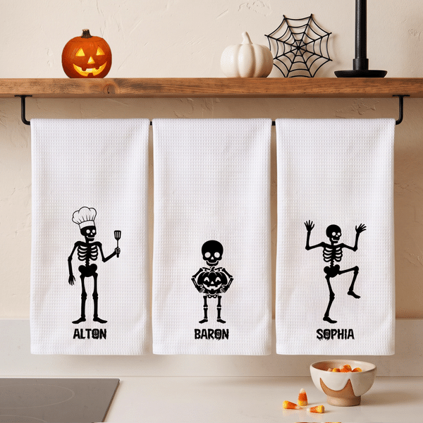 Personalized Halloween-Themed Skeleton Soft Waffle Tea Towel with Name Kitchen Decor Day of the Dead Halloween Gift for Family Friends