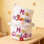 Personalised Rainbow Flower Cotton Woven Storage Basket with Text Teachers' Day Back to School Appreciation Gift for Teachers