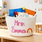 Personalised Rainbow Flower Cotton Woven Storage Basket with Text Teachers' Day Back to School Appreciation Gift for Teachers