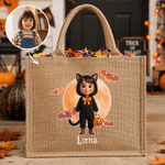 Personalised Cute Halloween Character Design Photo Large Capacity Jute Tote Bag with Name Halloween Party Gift for Family Kids