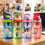 Personalized Cartoon Character Animal Pattern BPA-Free Transparent Insulated Water Bottle with Straw Handle and Name Back to School Gift for Kids