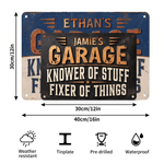 Personalised Garage Knower of Stuff Fixer of Things Vintage Metal Sign with Name Garage Wall Decor Workshop Housewarming Gift for Car Enthusiasts